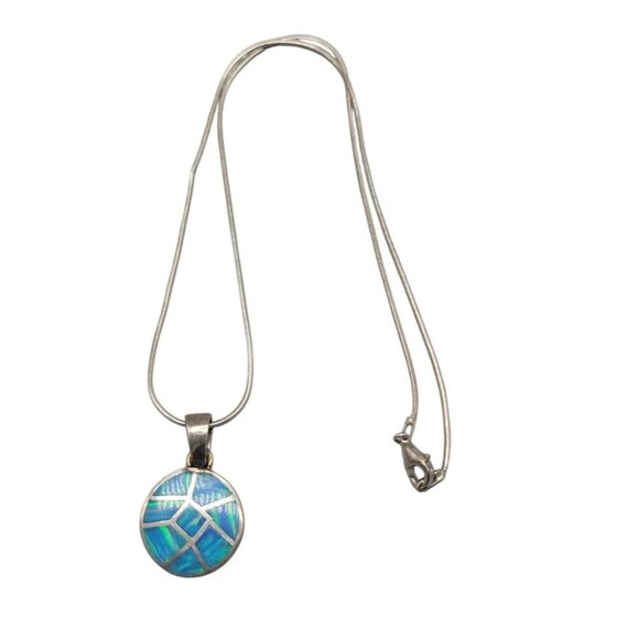 Sterling Silver Inlaid Blue Opal Pendant Necklace 16" Chain Signed ind0925 - Picture 9 of 16